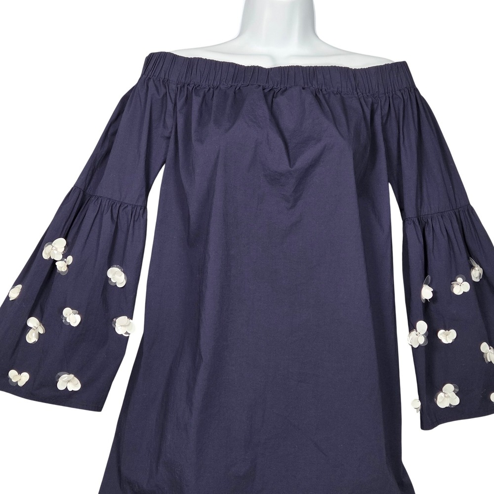 Michael Kors Women Small 3D Flower Bell Sleeve Mini Dress Off Shoulder Navy Blue